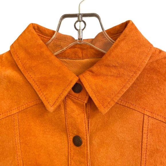 Coldwater Creek Shirt Women's Medium Orange 100% Leather Snap Closure Shacket - Picture 3 of 9